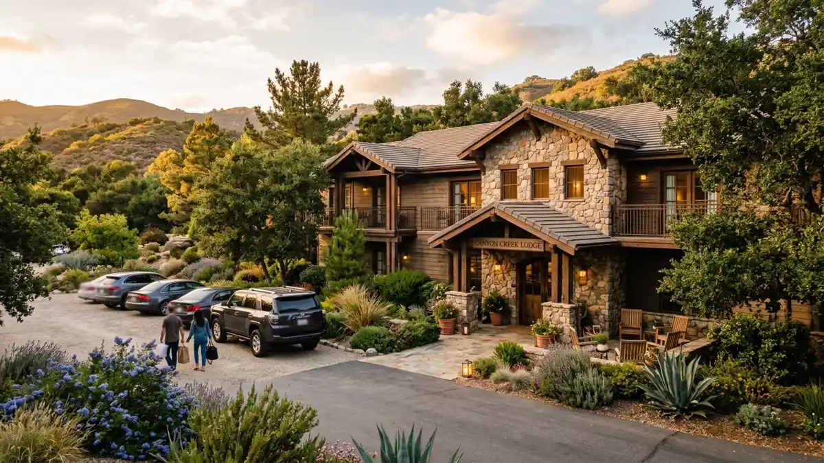 Hotels and accommodation options near mapped restrooms in Oak Park, California
