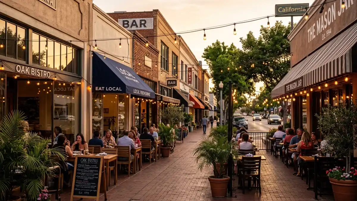 Restaurant district in Oak Park, California with nearby public restroom facilities