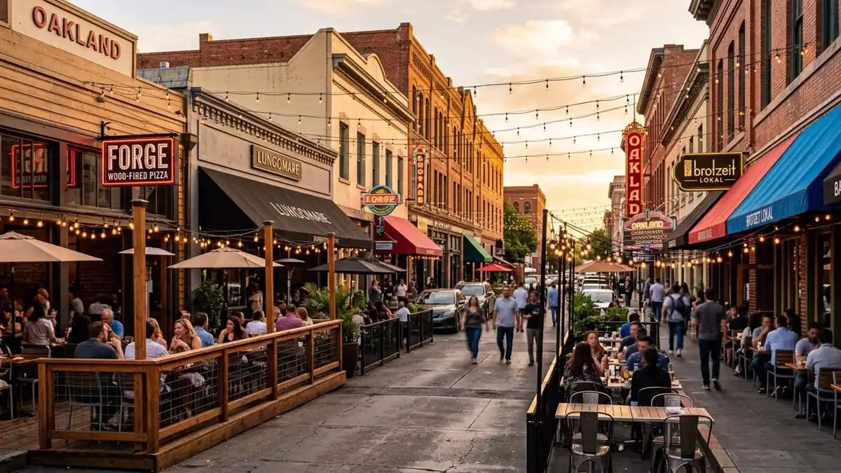 Restaurant district in Oakland, California with nearby public restroom facilities