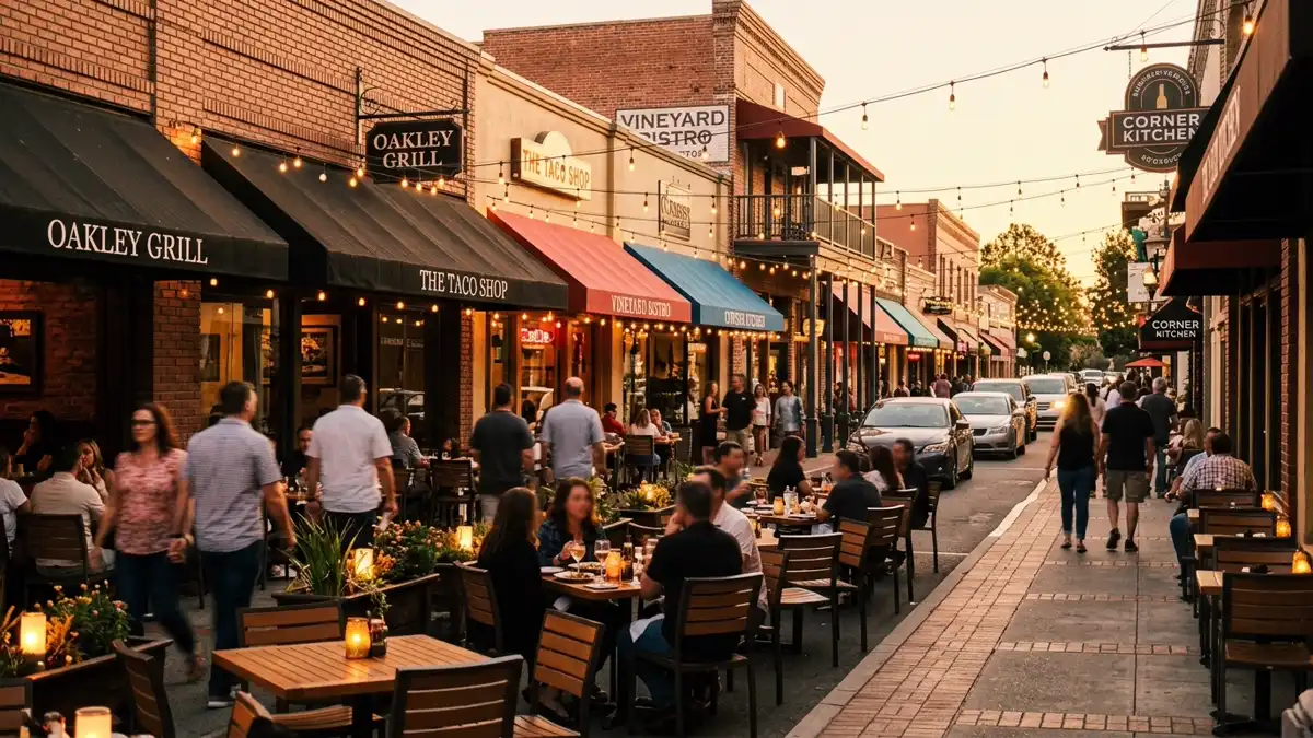 Restaurant district in Oakley, California with nearby public restroom facilities