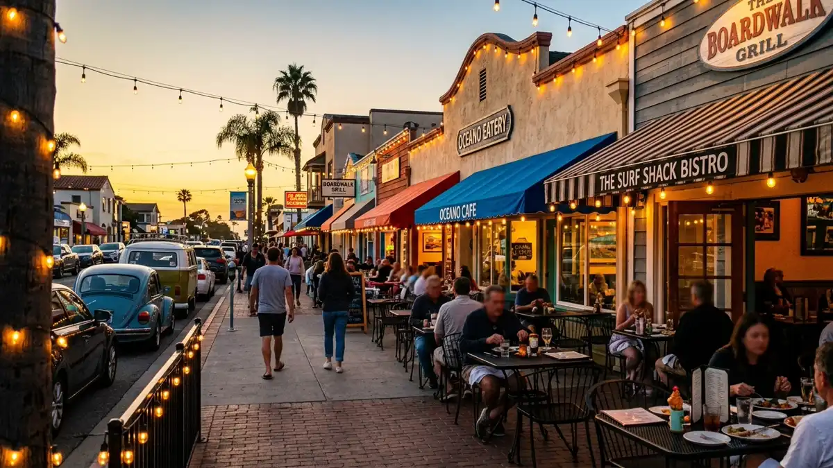 Restaurant district in Oceano, California with nearby public restroom facilities