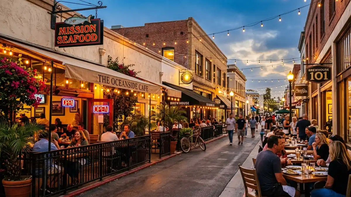 Restaurant district in Oceanside, California with nearby public restroom facilities