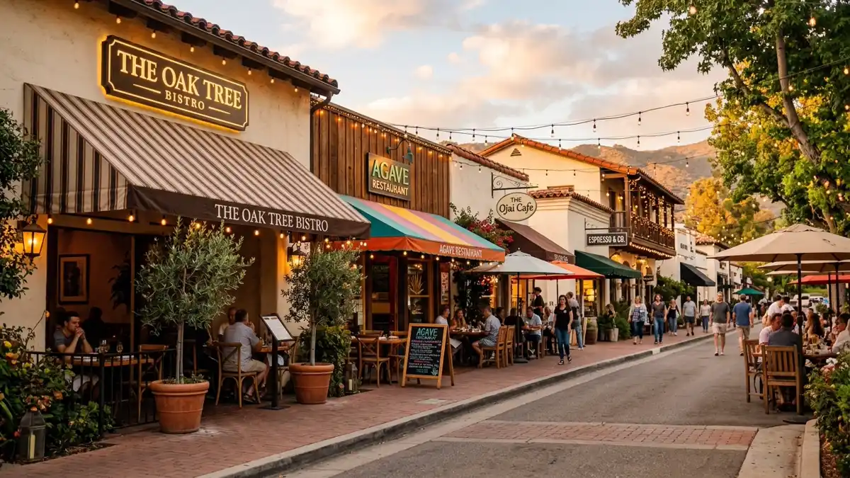 Restaurant district in Ojai, California with nearby public restroom facilities