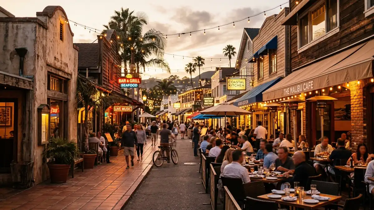 Restaurant district in Old Malibu, California with nearby public restroom facilities