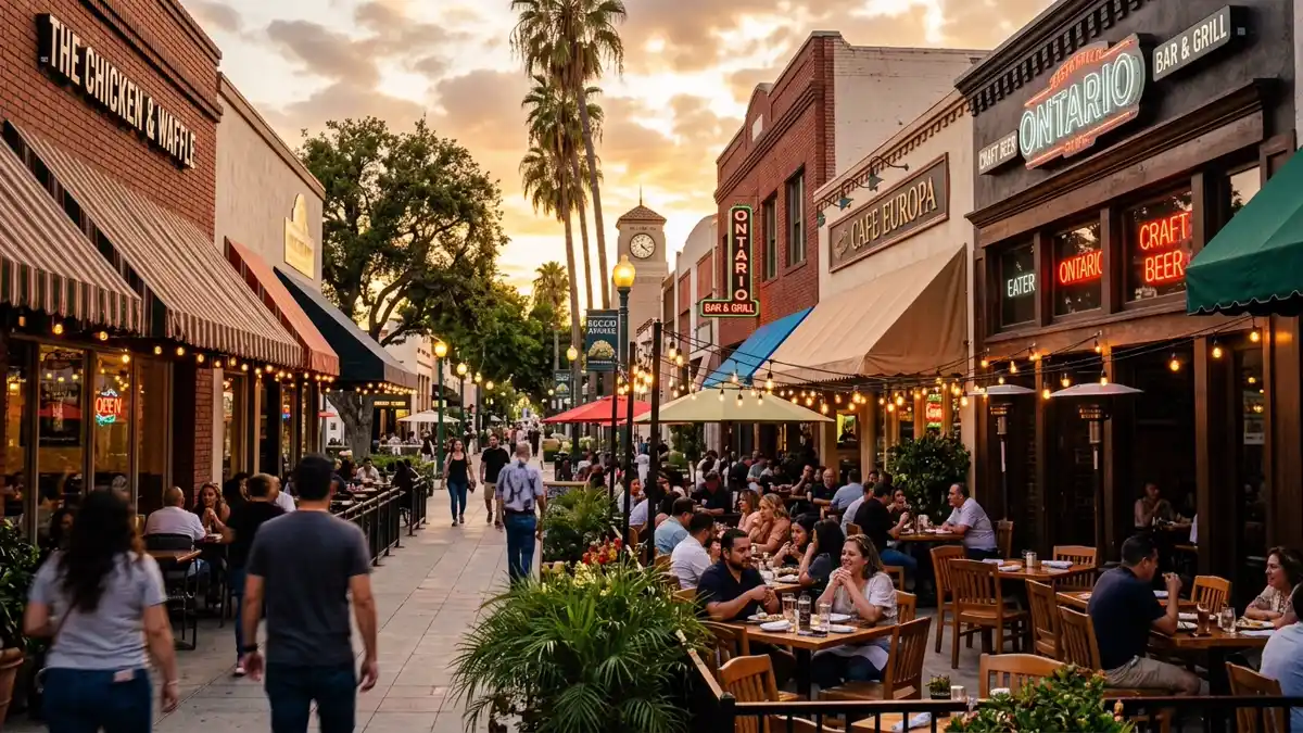 Restaurant district in Ontario, California with nearby public restroom facilities