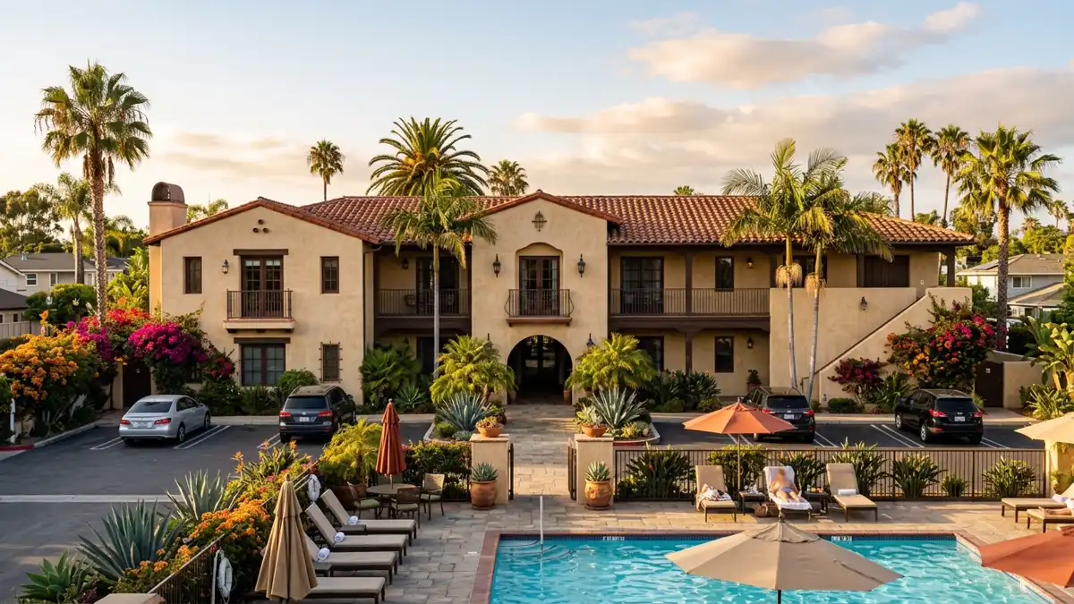 Hotels and accommodation options near mapped restrooms in Orange, California