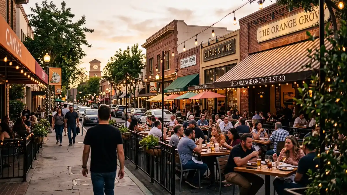 Restaurant district in Orange, California with nearby public restroom facilities