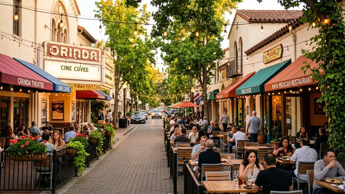 Restaurant district in Orinda, California with nearby public restroom facilities