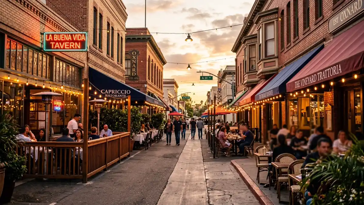 Restaurant district in Oxnard, California with nearby public restroom facilities
