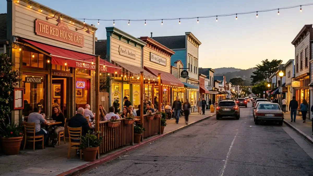 Restaurant district in Pacific Grove, California with nearby public restroom facilities