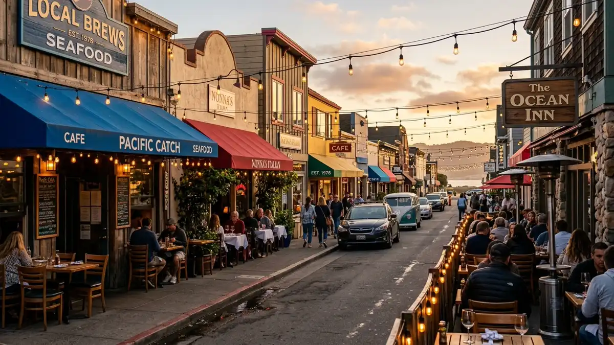 Restaurant district in Pacifica, California with nearby public restroom facilities