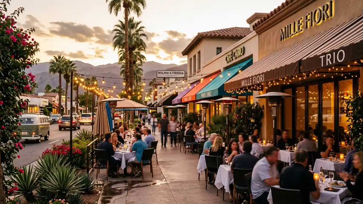 Restaurant district in Palm Desert, California with nearby public restroom facilities