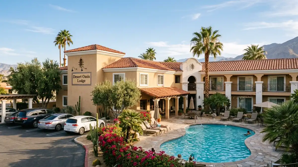 Hotels and accommodation options near mapped restrooms in Palm Springs, California