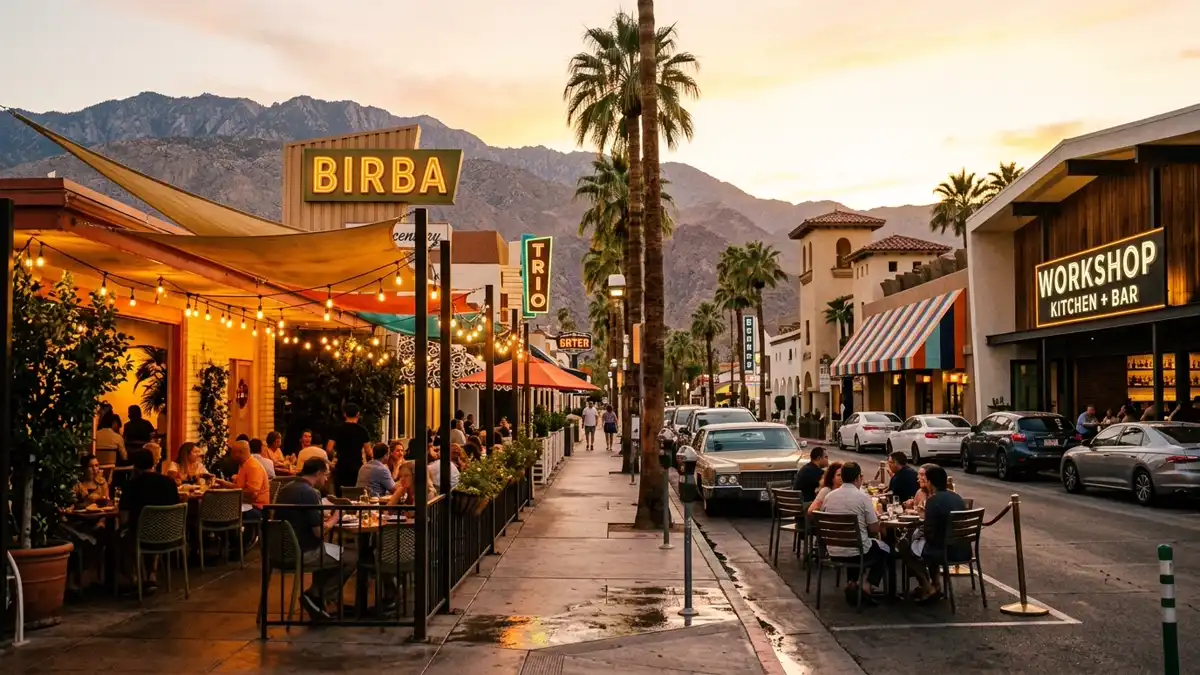 Restaurant district in Palm Springs, California with nearby public restroom facilities