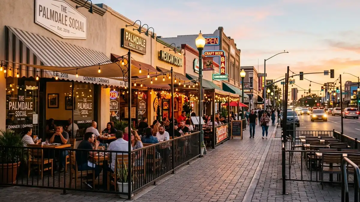 Restaurant district in Palmdale, California with nearby public restroom facilities