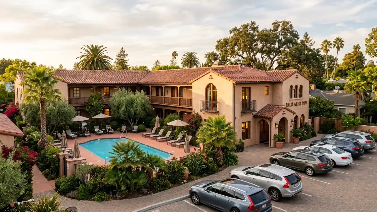 Hotels and accommodation options near mapped restrooms in Palo Alto, California