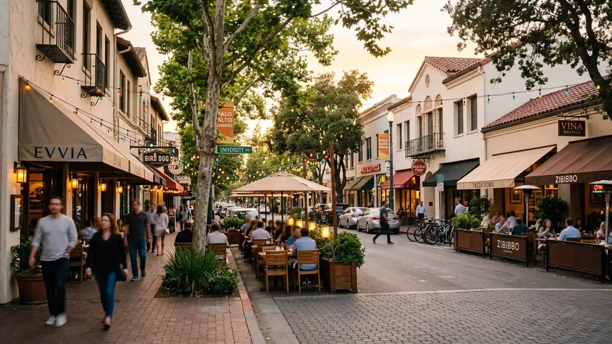 Restaurant district in Palo Alto, California with nearby public restroom facilities