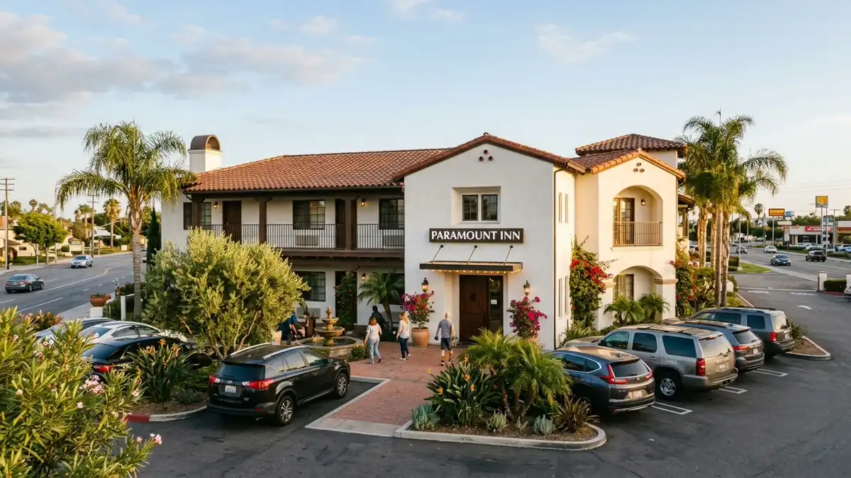 Hotels and accommodation options near mapped restrooms in Paramount, California