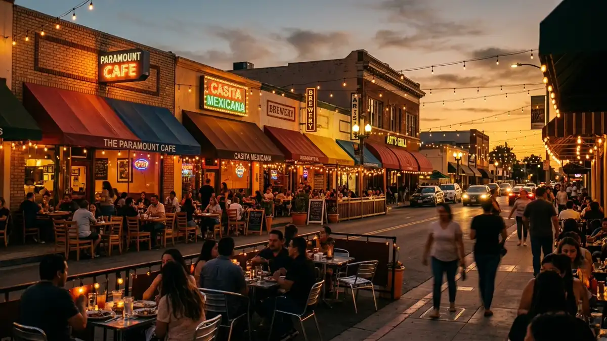 Restaurant district in Paramount, California with nearby public restroom facilities