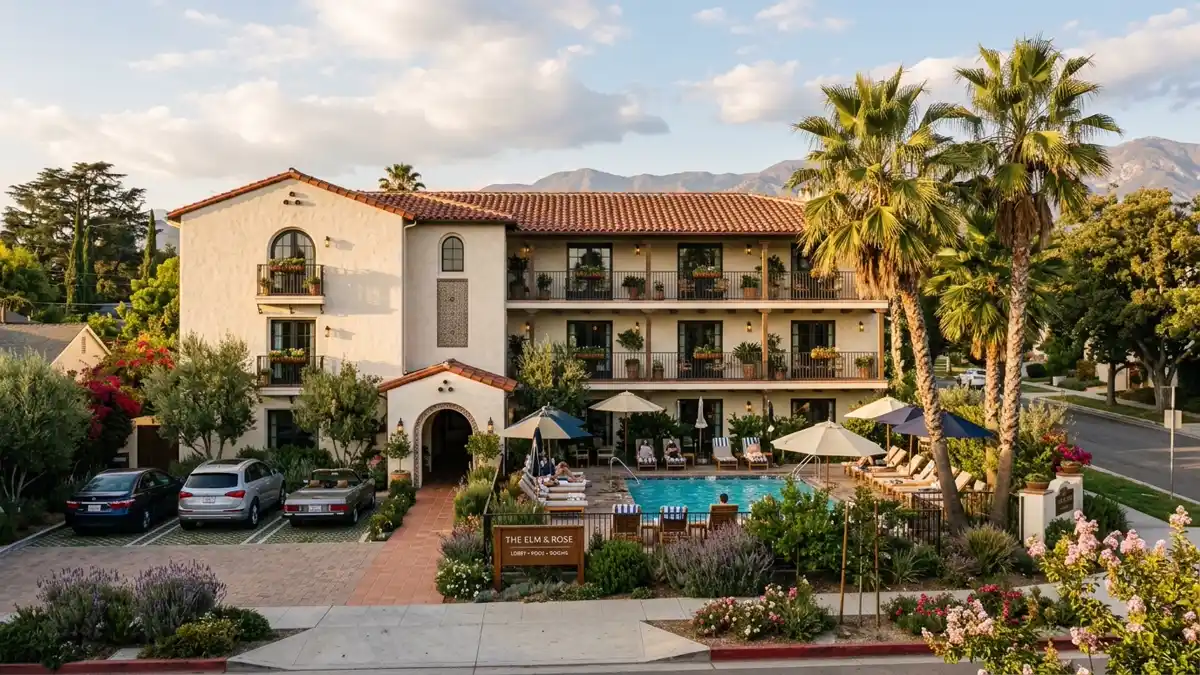 Hotels and accommodation options near mapped restrooms in Pasadena, California