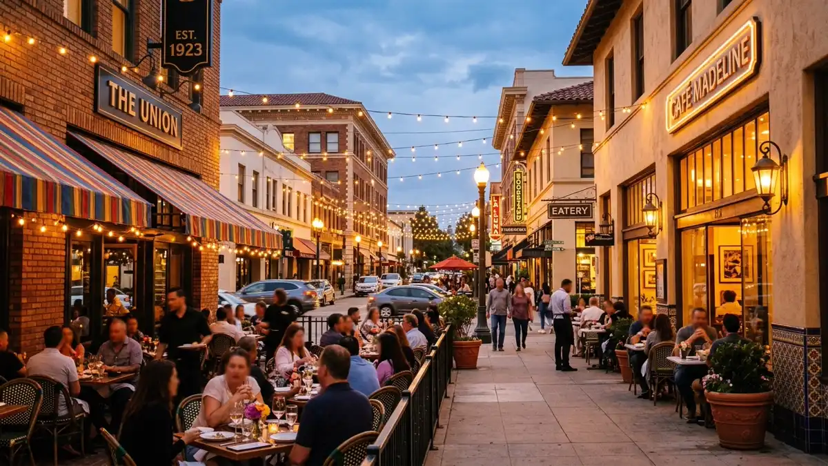 Restaurant district in Pasadena, California with nearby public restroom facilities
