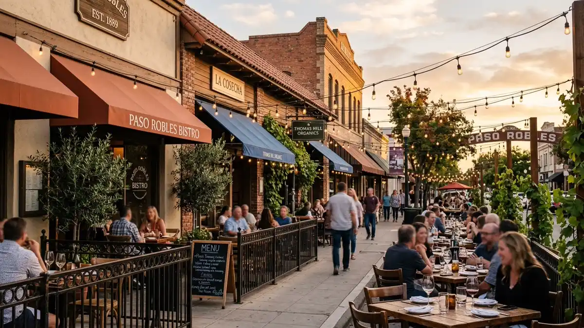 Restaurant district in Paso Robles, California with nearby public restroom facilities