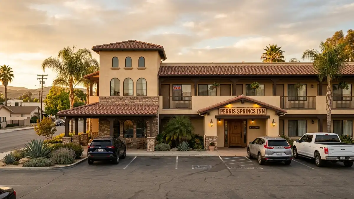 Hotels and accommodation options near mapped restrooms in Perris, California