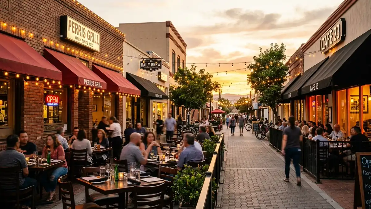 Restaurant district in Perris, California with nearby public restroom facilities