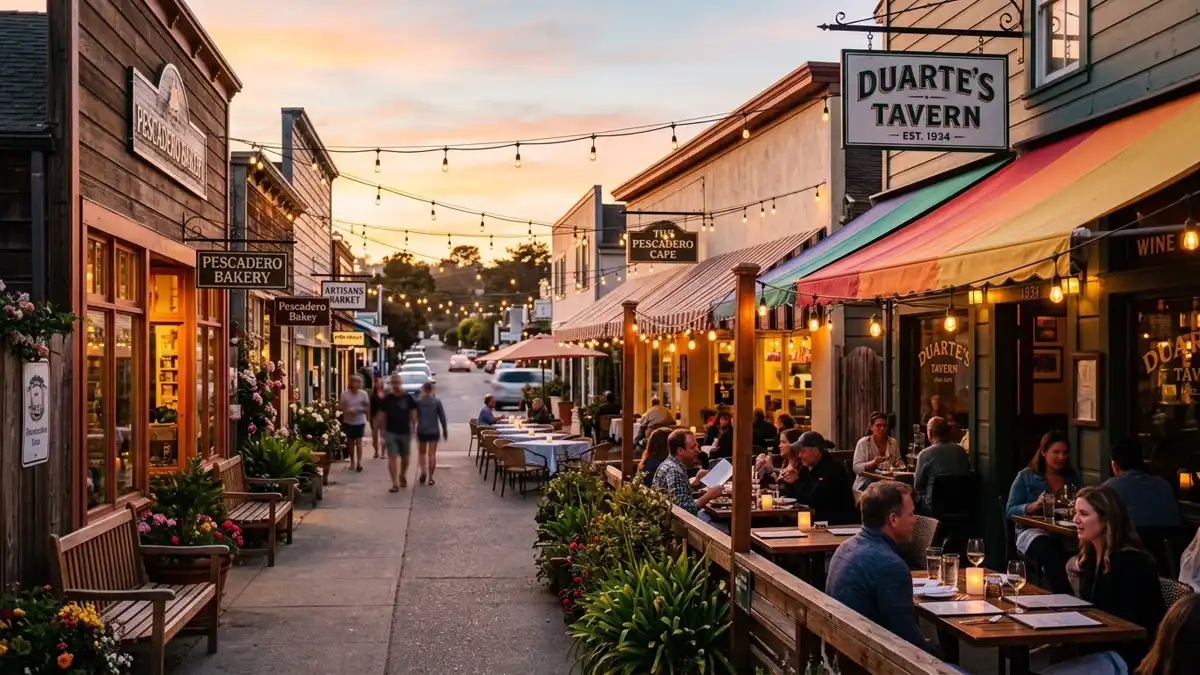 Restaurant district in Pescadero, California with nearby public restroom facilities