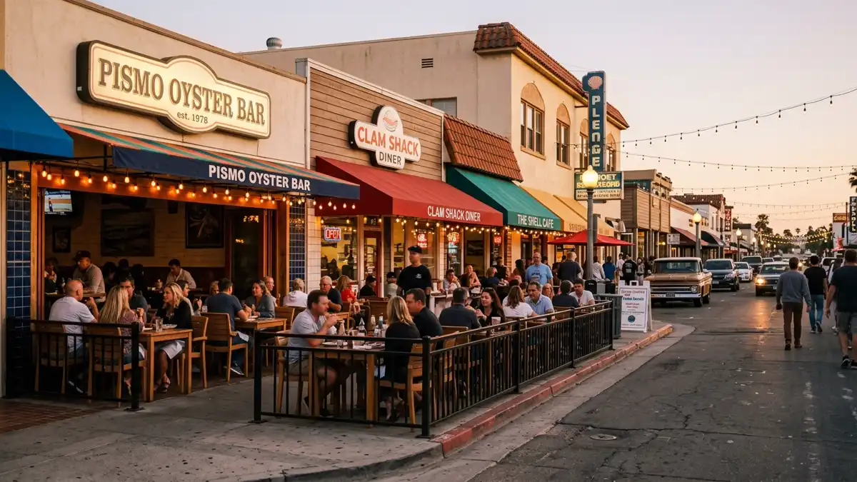 Restaurant district in Pismo Beach, California with nearby public restroom facilities