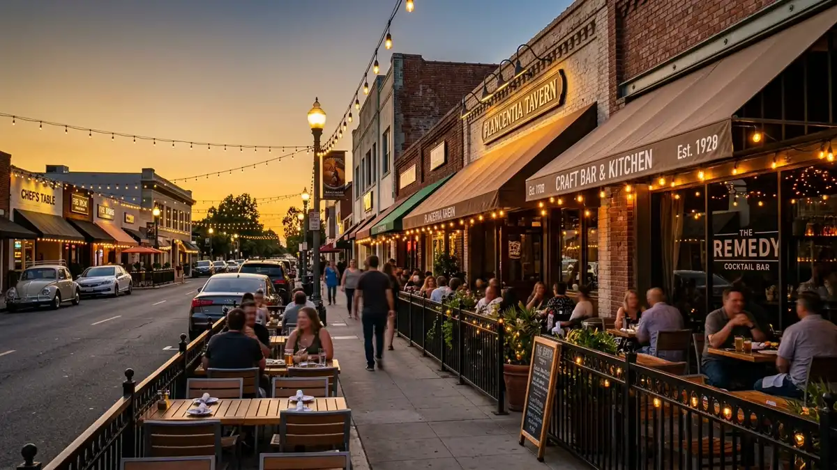 Restaurant district in Placentia, California with nearby public restroom facilities