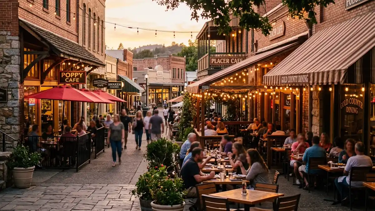 Restaurant district in Placer County, California with nearby public restroom facilities