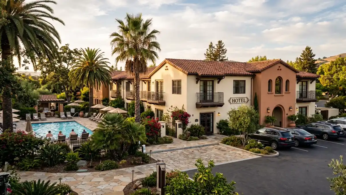 Hotels and accommodation options near mapped restrooms in Pleasanton, California