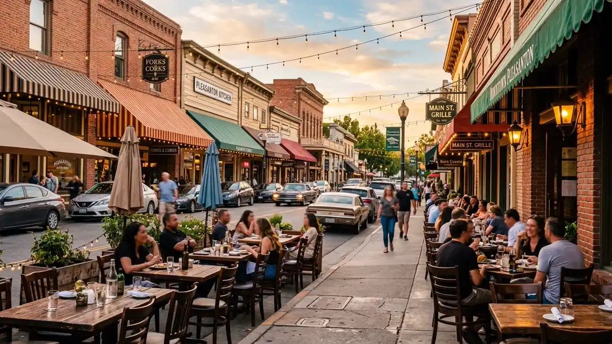 Restaurant district in Pleasanton, California with nearby public restroom facilities
