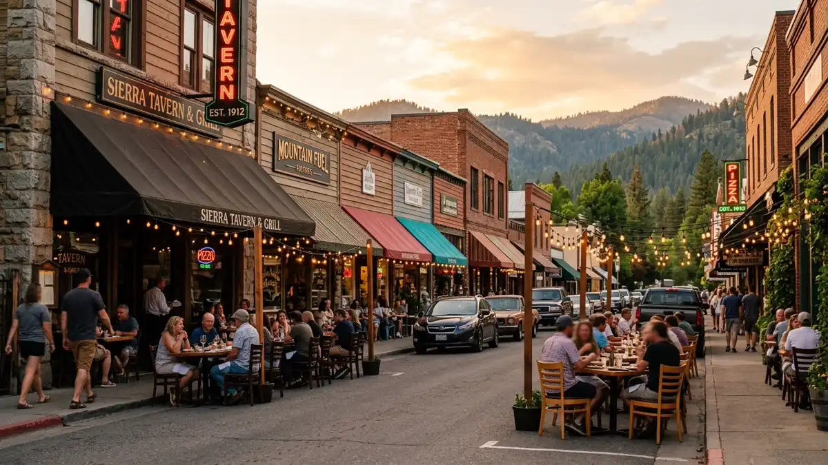 Restaurant district in Plumas County, California with nearby public restroom facilities