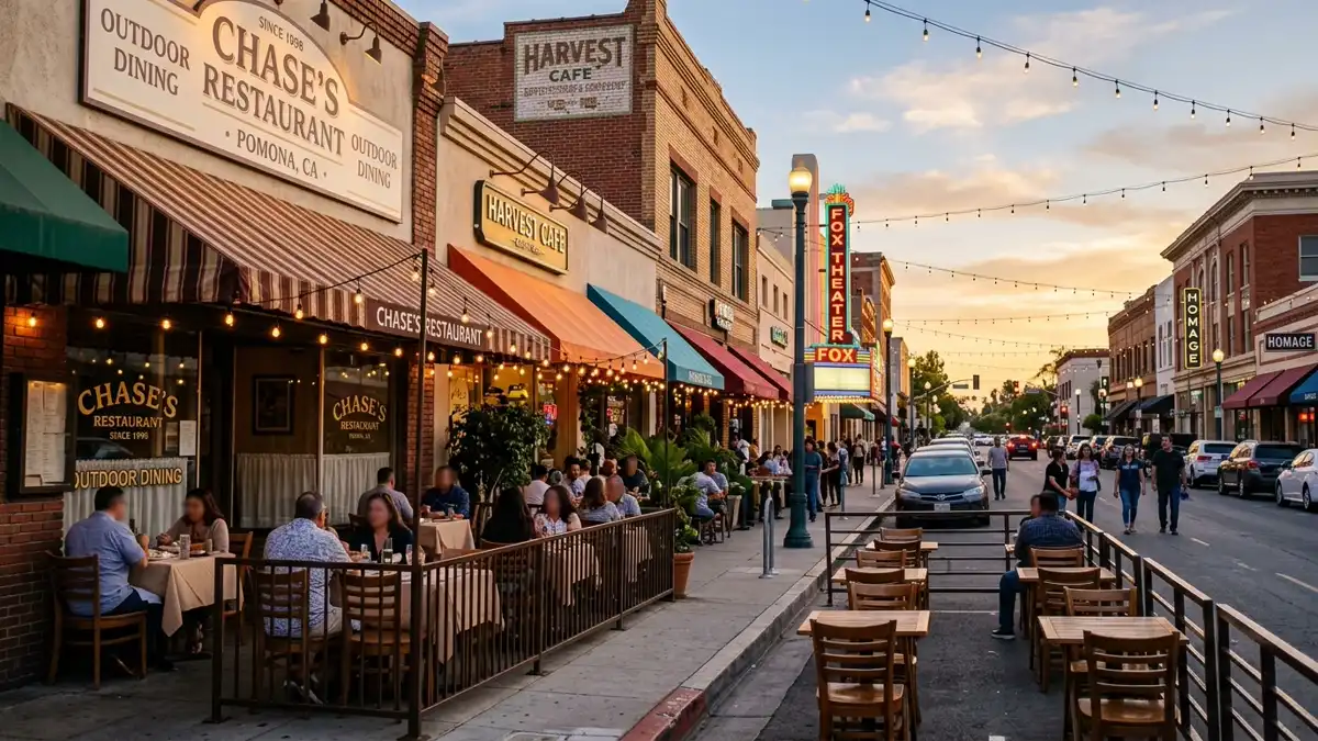 Restaurant district in Pomona, California with nearby public restroom facilities