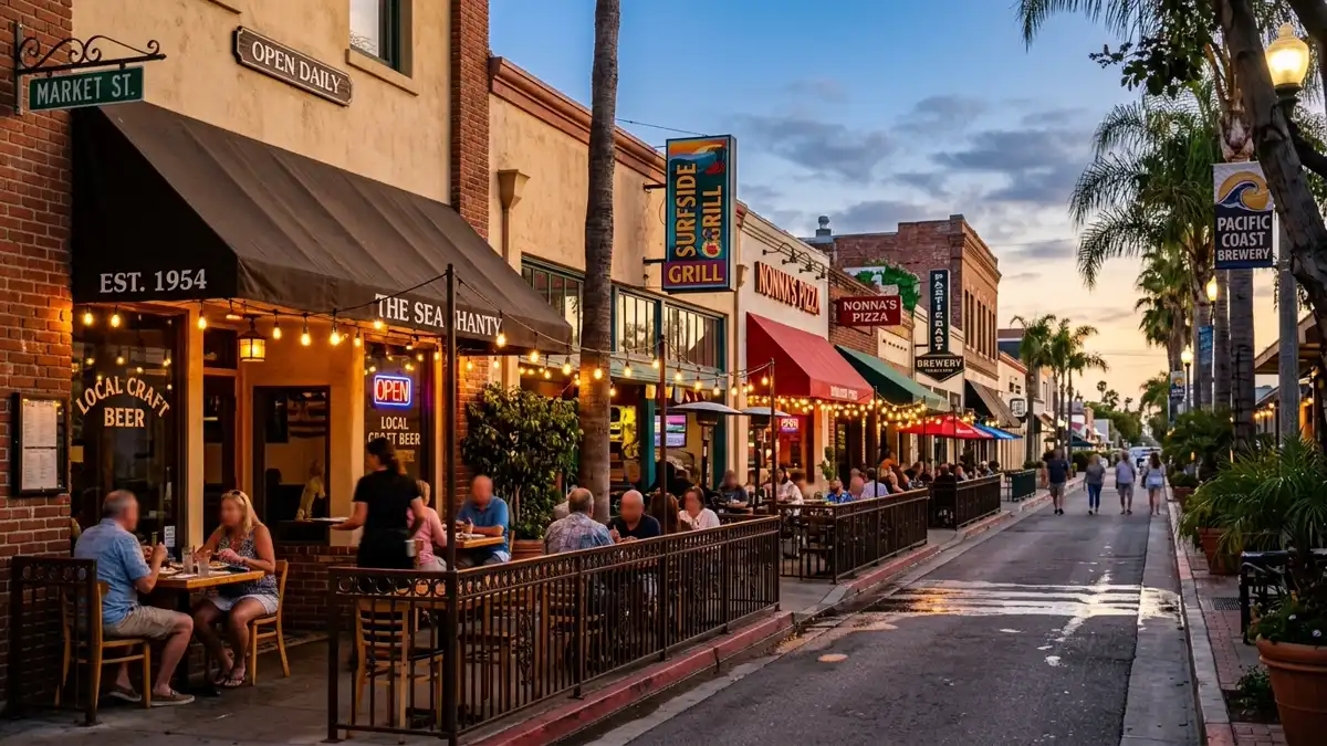 Restaurant district in Port Hueneme, California with nearby public restroom facilities