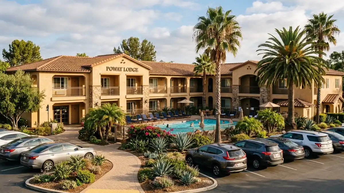 Hotels and accommodation options near mapped restrooms in Poway, California