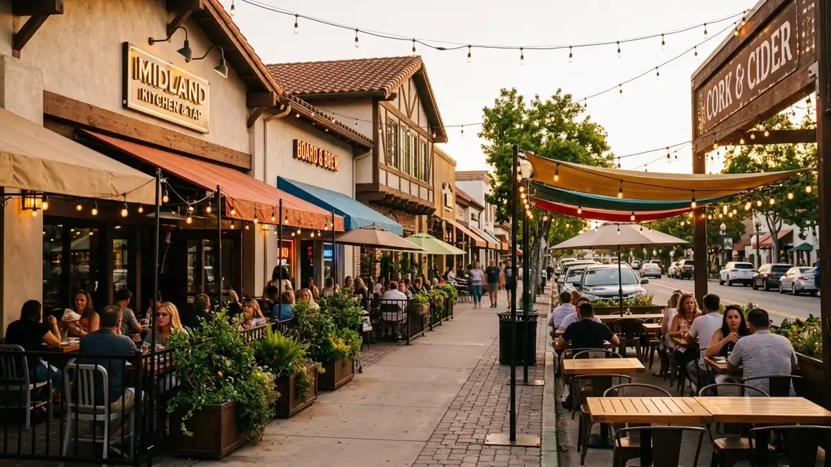 Restaurant district in Poway, California with nearby public restroom facilities