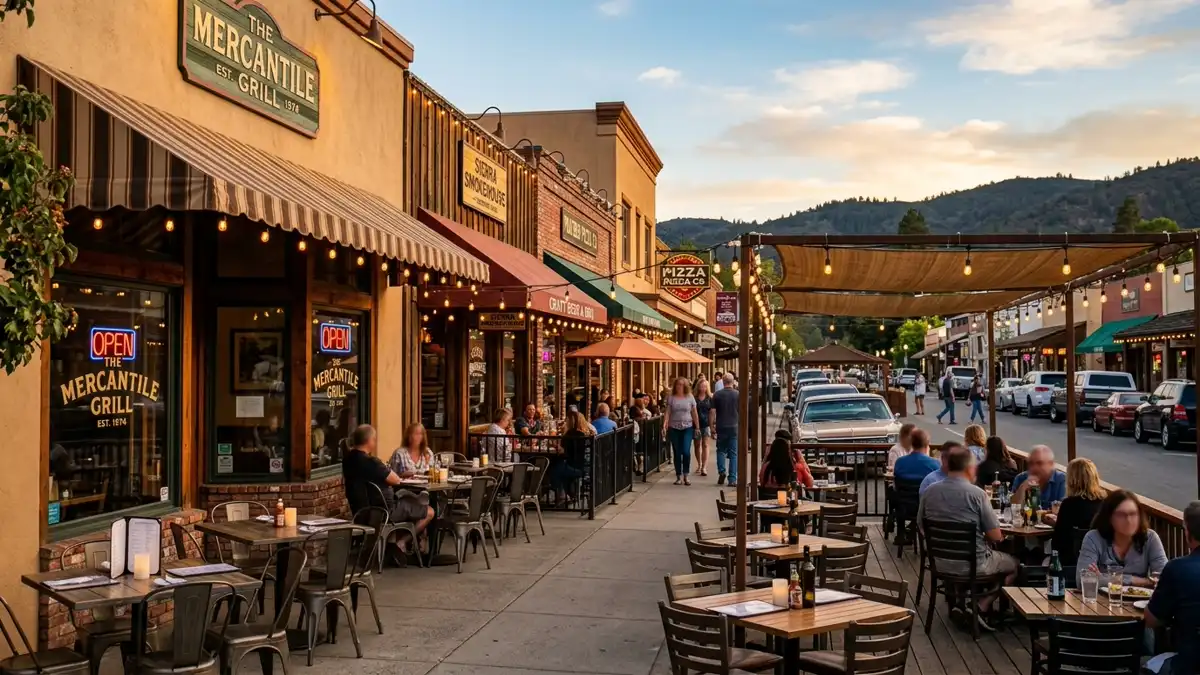 Restaurant district in Prather, California with nearby public restroom facilities