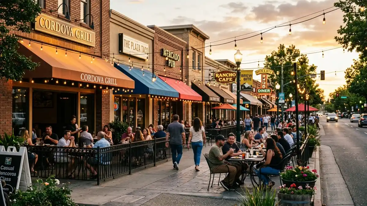 Restaurant district in Rancho Cordova, California with nearby public restroom facilities