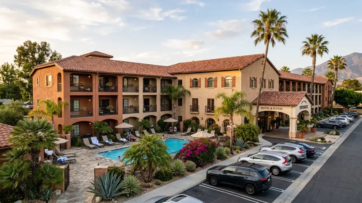 Hotels and accommodation options near mapped restrooms in Rancho Cucamonga, California
