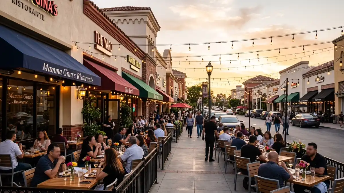 Restaurant district in Rancho Cucamonga, California with nearby public restroom facilities