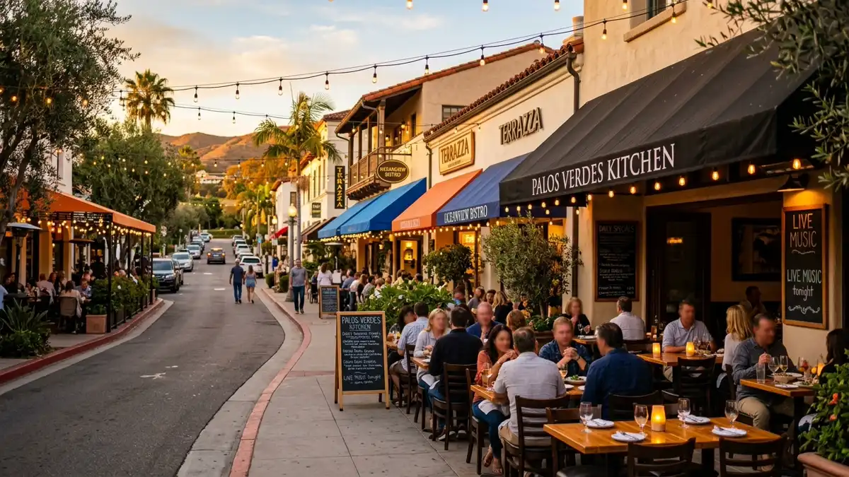 Restaurant district in Rancho Palos Verdes, California with nearby public restroom facilities