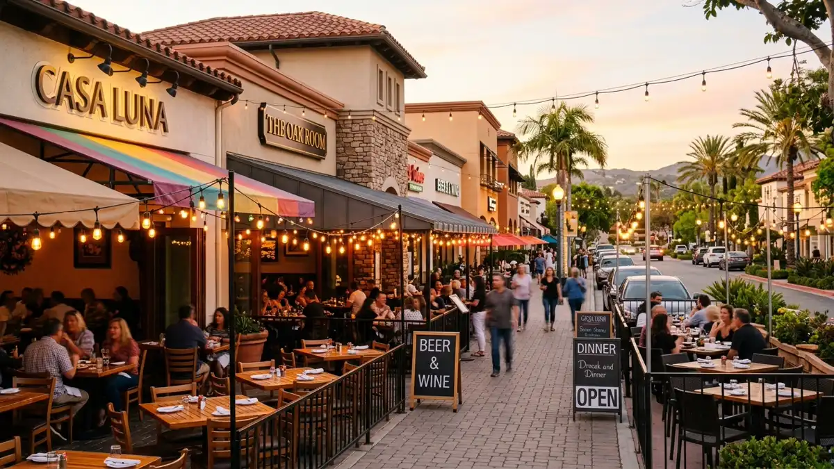 Restaurant district in Rancho Santa Margarita, California with nearby public restroom facilities