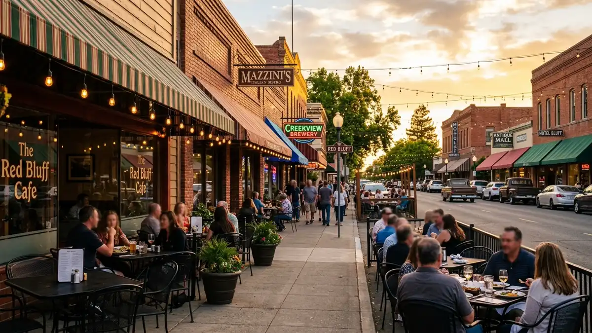 Restaurant district in Red Bluff, California with nearby public restroom facilities
