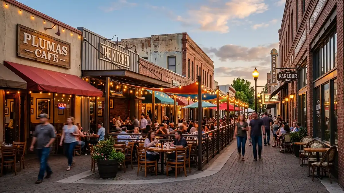 Restaurant district in Redding, California with nearby public restroom facilities