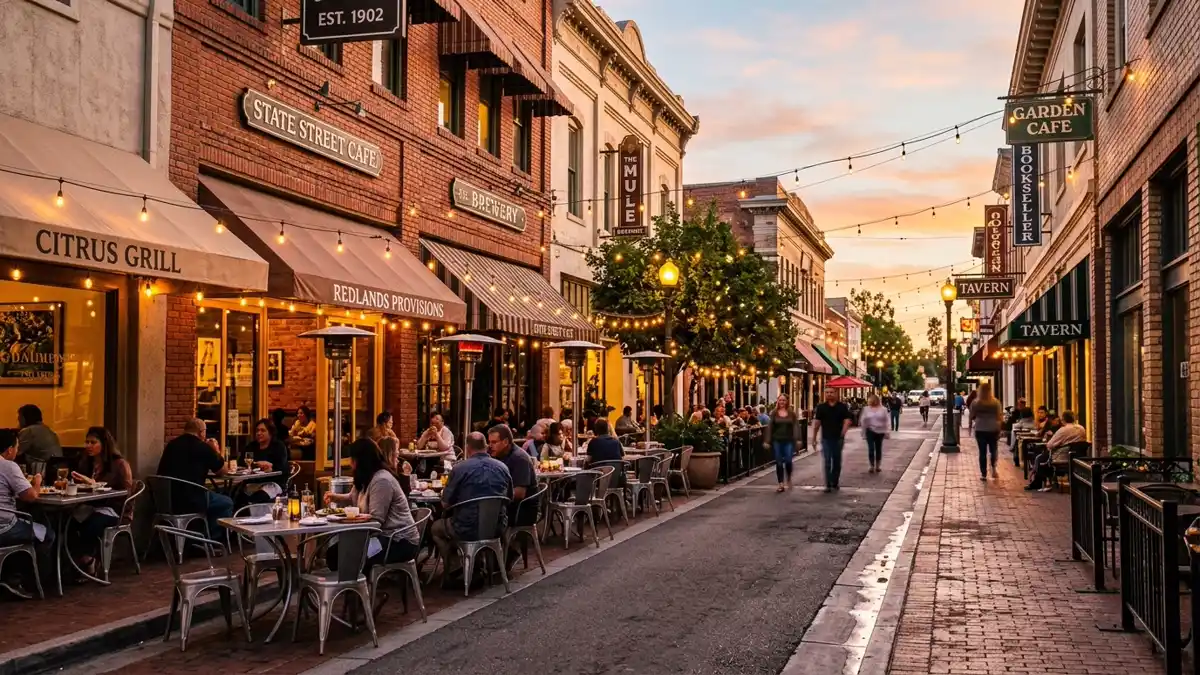 Restaurant district in Redlands, California with nearby public restroom facilities