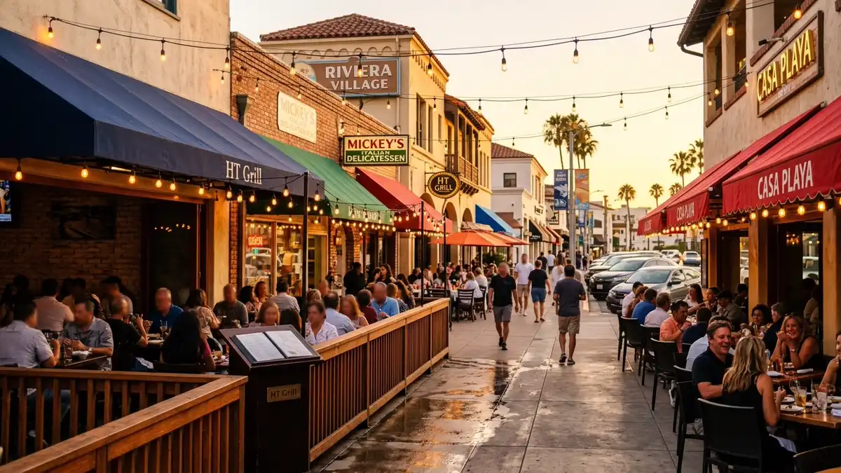 Restaurant district in Redondo Beach, California with nearby public restroom facilities