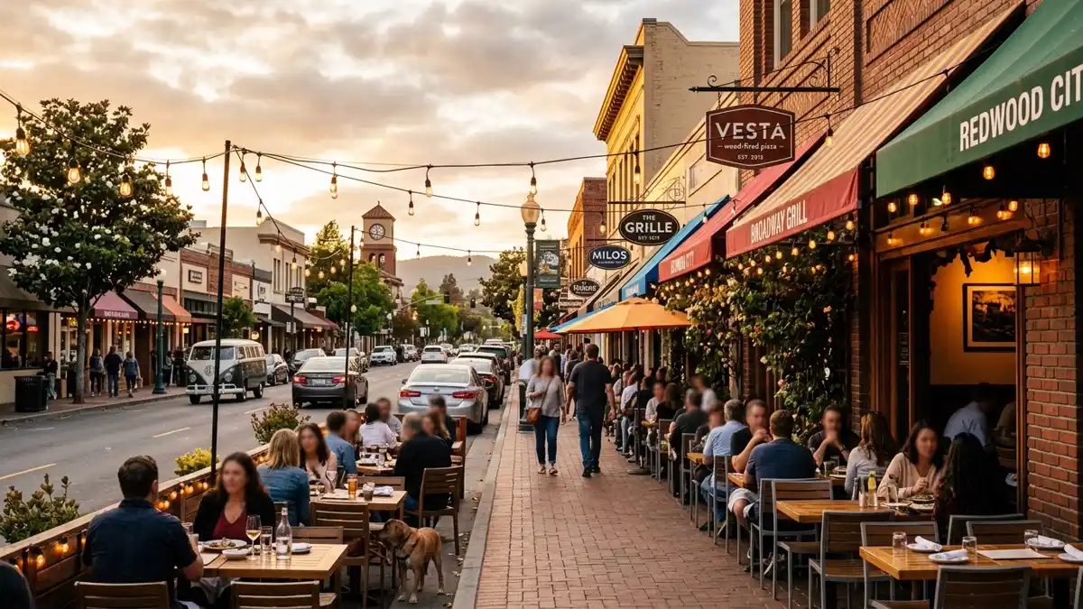 Restaurant district in Redwood City, California with nearby public restroom facilities